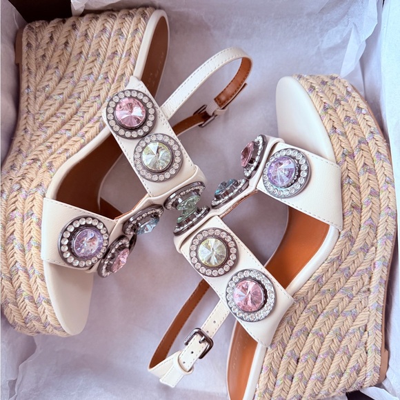 Kurt Geiger White Wedge Sandals with Jewel Accents